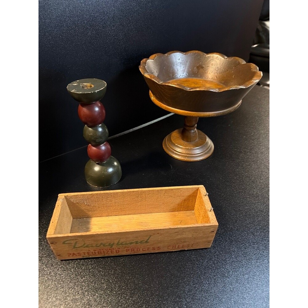 Vintage Wooden Decor Lot Pedestal Bowl Farmhouse Wood Candle Holder Box Rustic